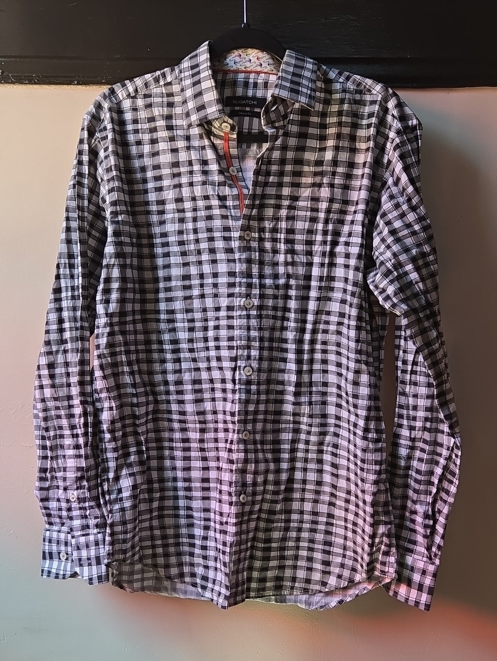 BUGATCHI -  Men's M Black and White Checkered Button-Up Dress Shirt